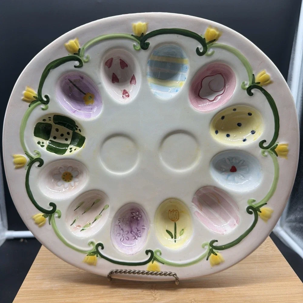 VTG Ceramic Easter Devilled egg serving tray plate platter holds 12  & S & P